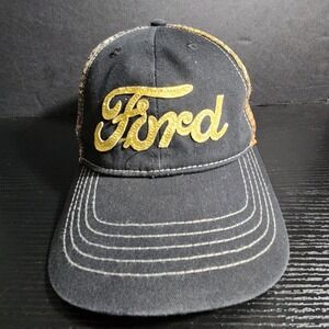 Ford Trucker Hat Gold Sparkle Black Camo Mesh Cap Strapback